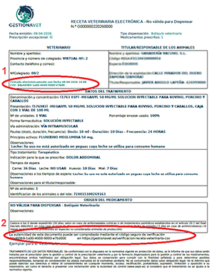 Ejemplo de ubicación del CSV en una receta veterinaria electrónica